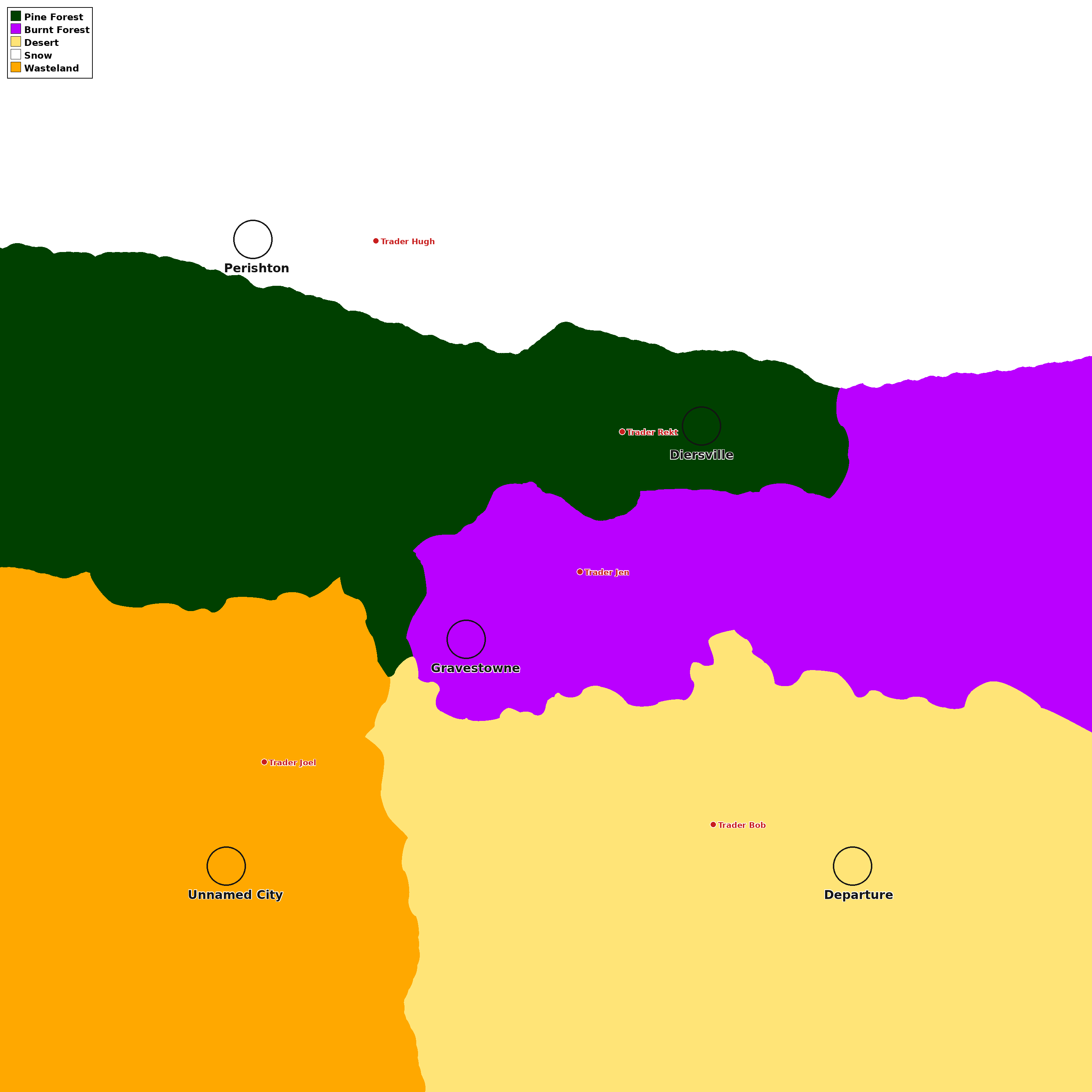 Navezgane map showing the five trader locations and major city positions by biome